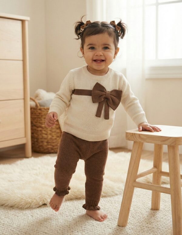 Baby Girl Cotton & Polyester Knitted Co-Ord Set with Bow Detail