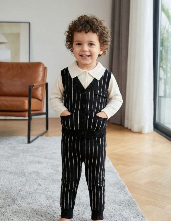 Baby Boy Cotton & Polyester Knitted Co-Ord Set with Pinstripe Vest