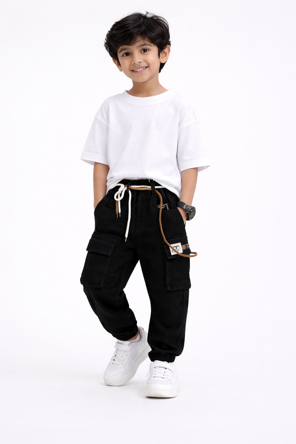 Black Cargo Pants For Kids with Pockets - Image 2