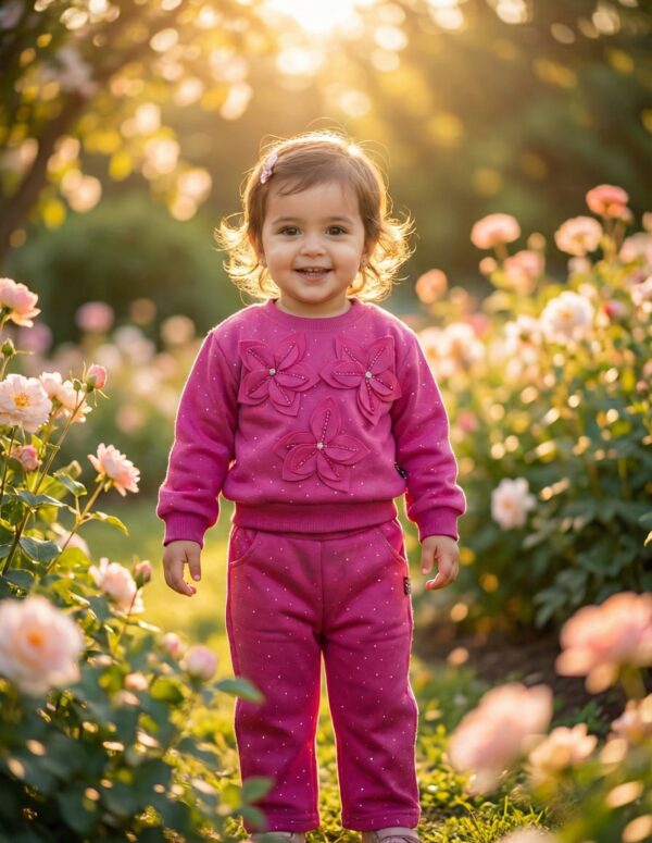 Girls' Cream 3D Tulle Flower Sweatshirt & Jogger Set