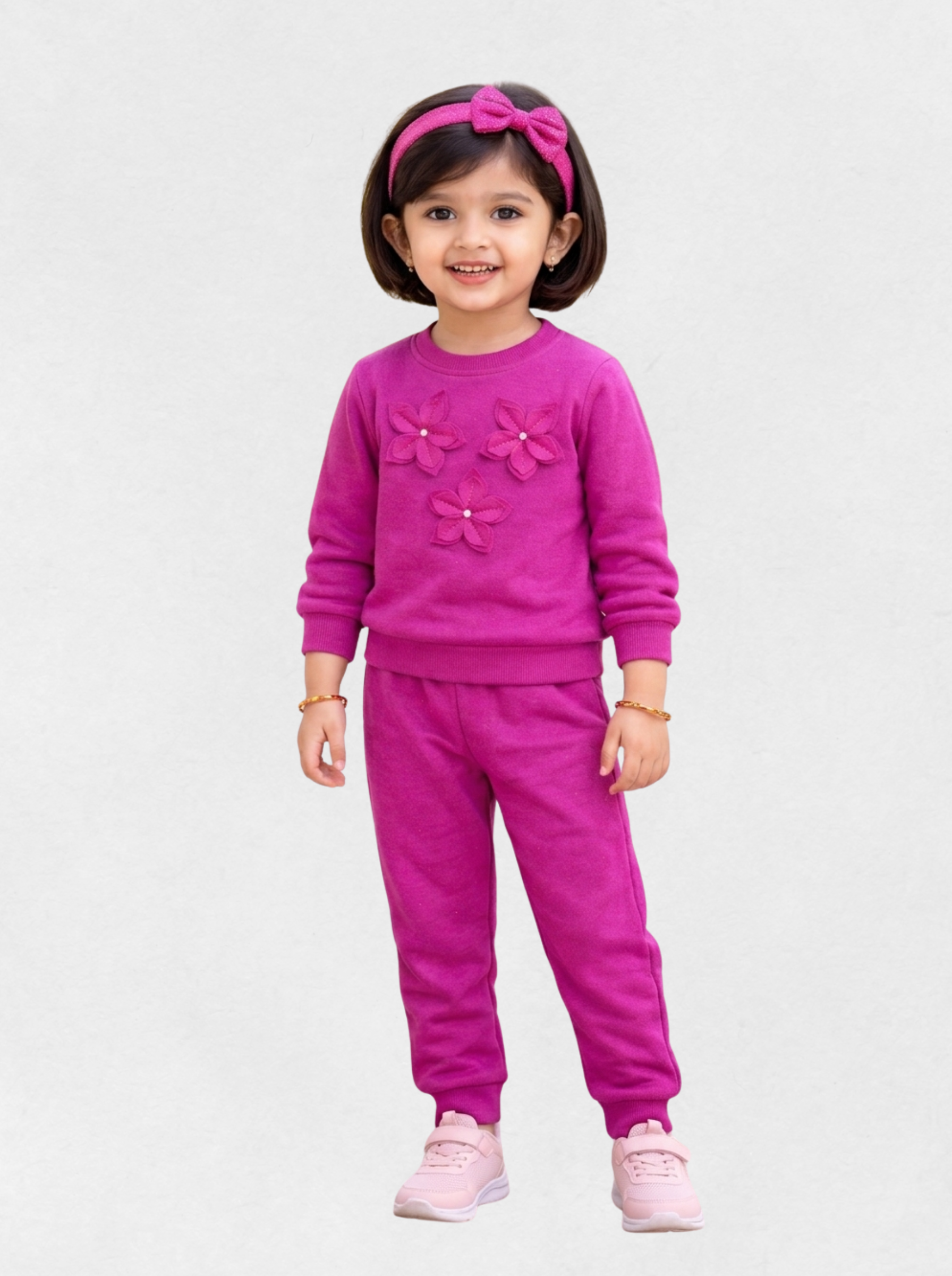 Girls Modern Stylish Cord-set Pink 3Flowers - Image 2