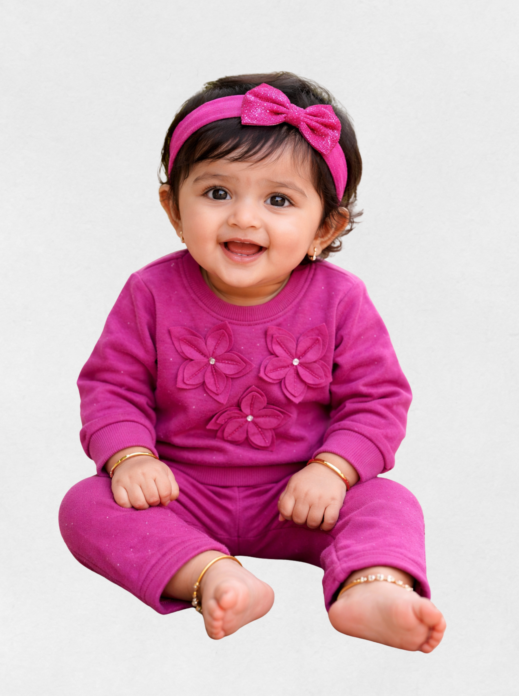 Girls Modern Stylish Cord-set Pink 3Flowers - Image 4