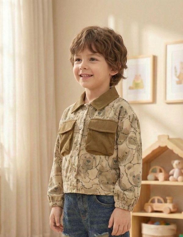 Kids Teddy Bear Print Corduroy Jacket